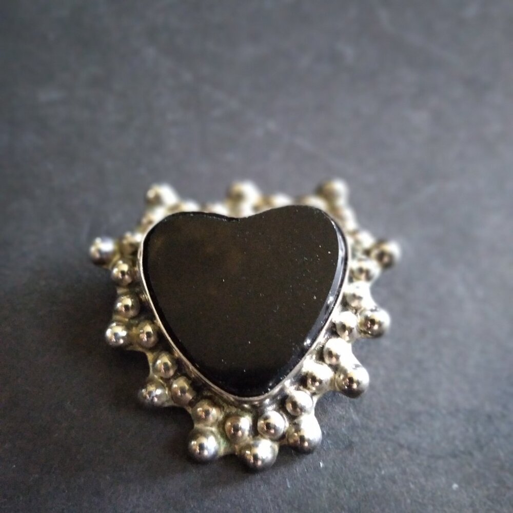 Black Onyx & Silver Heart Brooch Pendant